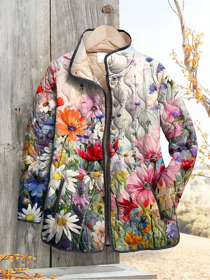 Damen Vintage Charmante Blumen Druck Casual Steppjacke mit Rundhalsausschnitt