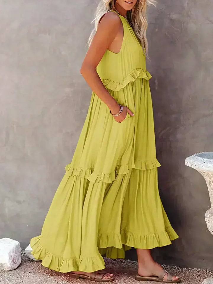 Emilia | Halter Ruffle Maxi Kleid mit langen Ärmeln