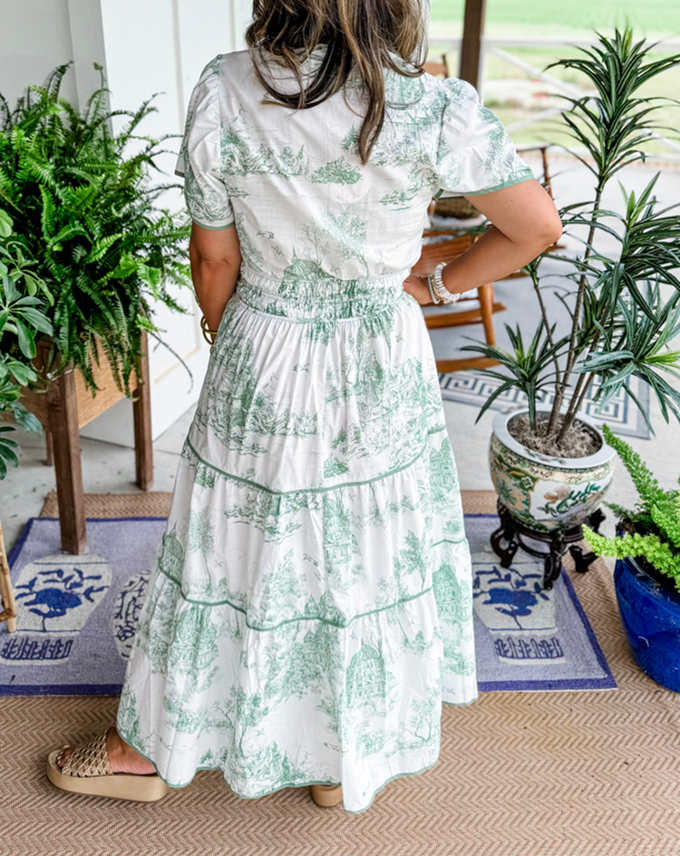 Eliza | Klassisches Toile Maxi Kleid für Damen mit V-Ausschnitt und kurzen Ärmeln