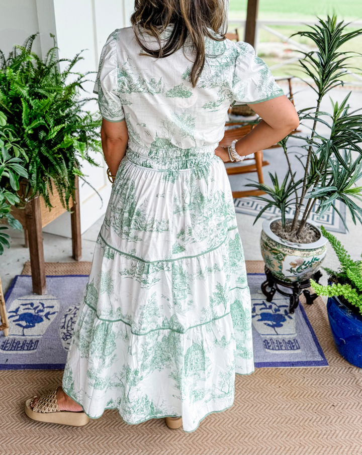 Eliza | Klassisches Toile Maxi Kleid für Damen mit V-Ausschnitt und kurzen Ärmeln