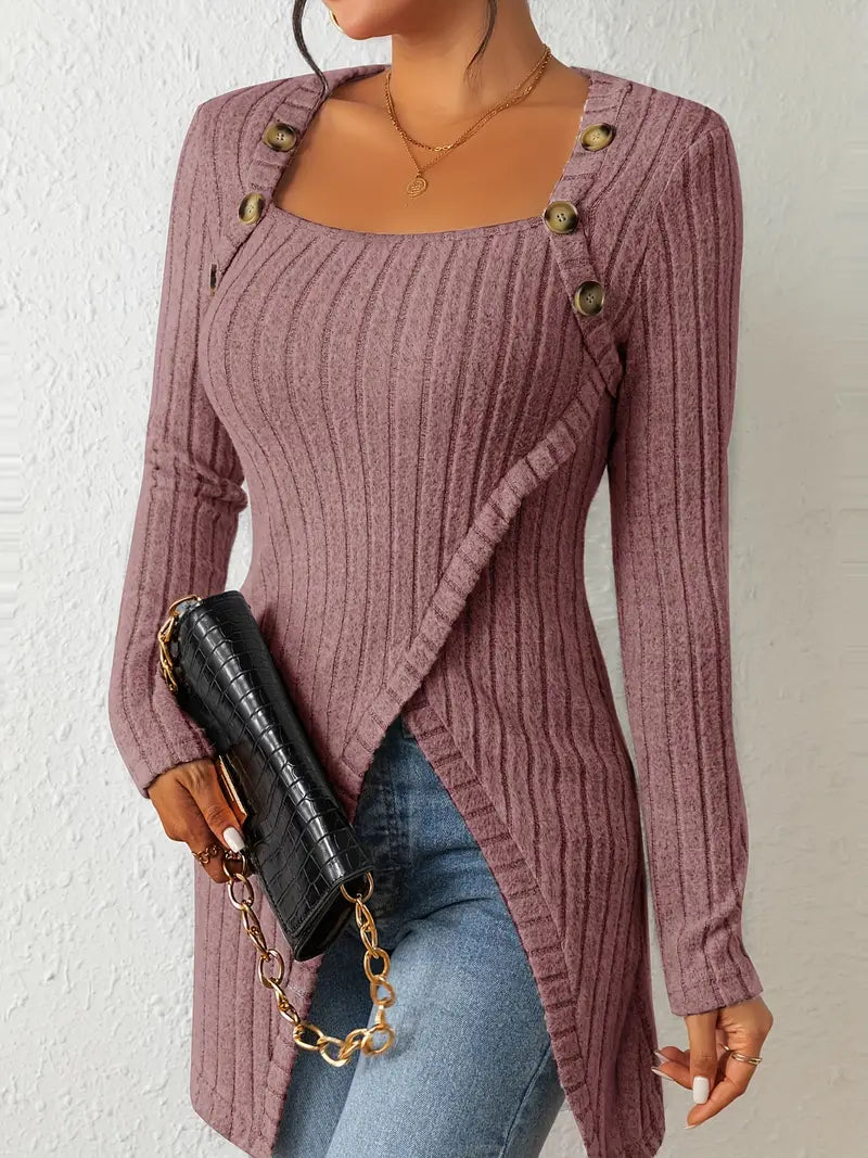 Julia | Asymmetrisches Top für Damen mit Knöpfen und Rippenstruktur