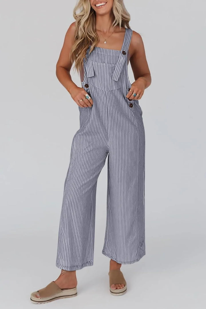Erin | Damen Button Gestreifter Weitbeiniger Jumpsuit mit Streifen