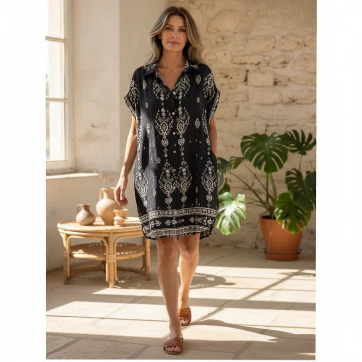 Mica | Vintage Boho Minikleid für Damen mit Blumenmuster und V-Ausschnitt