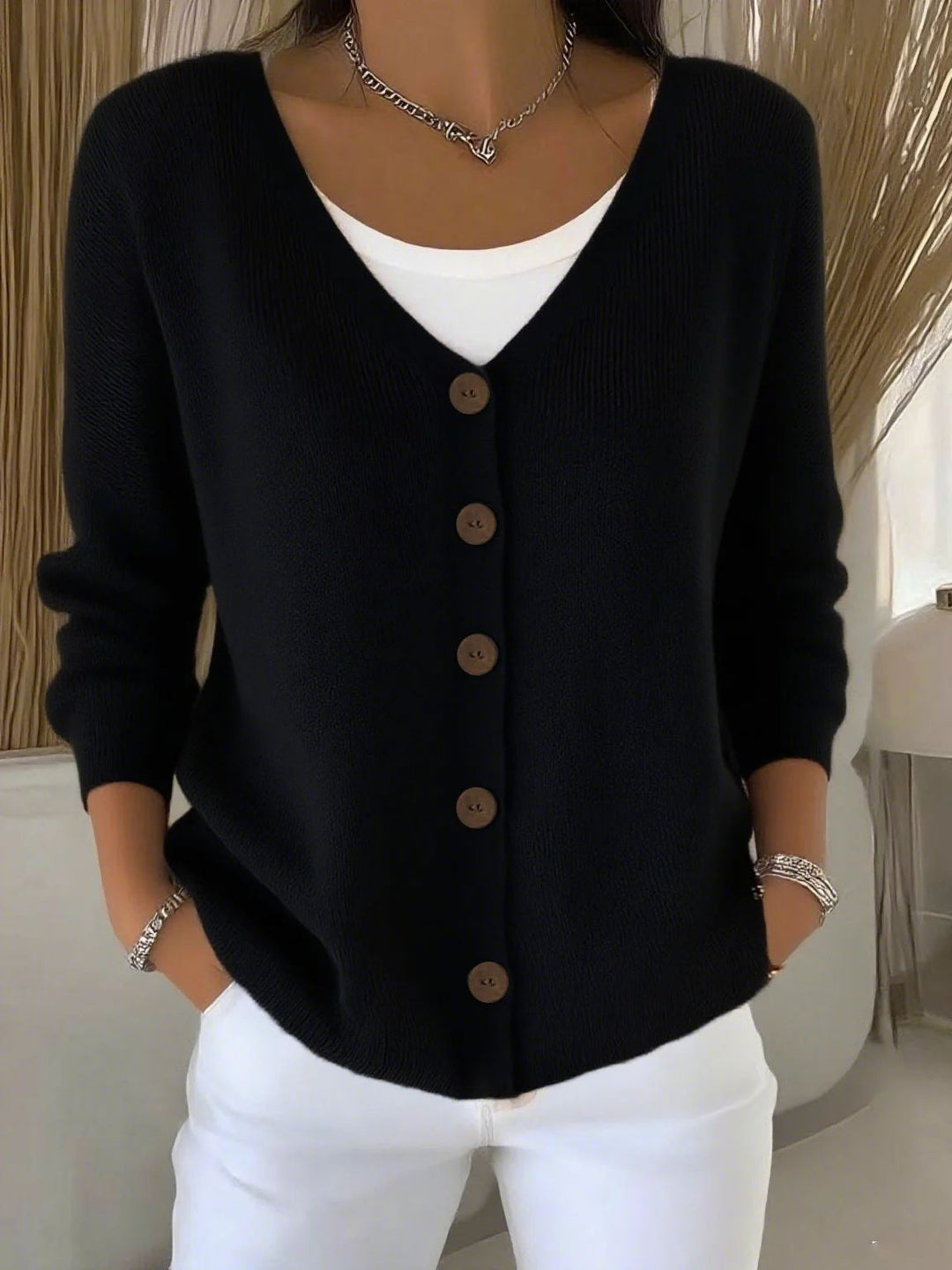 Olivia | Langarm V-Ausschnitt Knopf Pullover für Damen