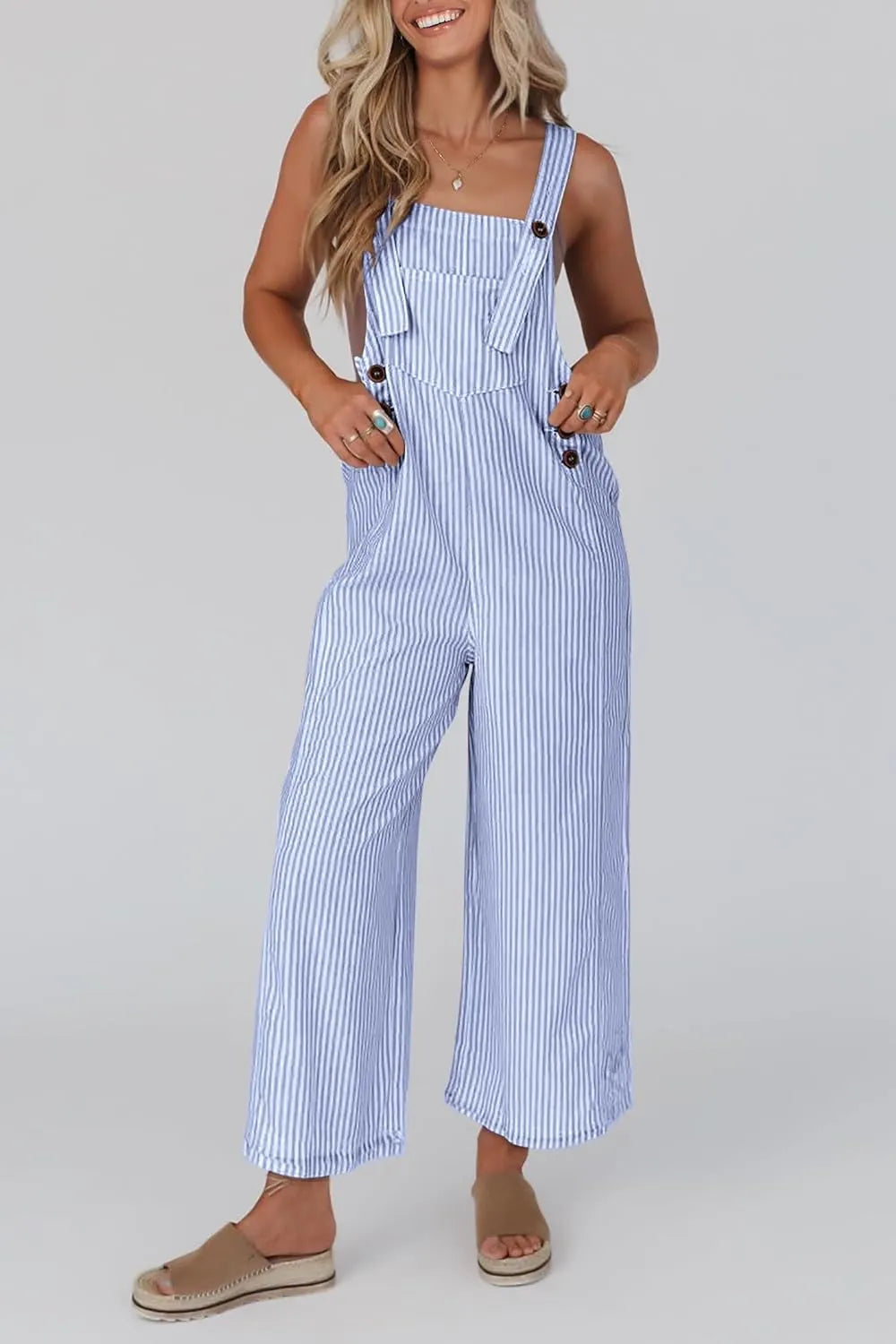 Erin | Damen Button Gestreifter Weitbeiniger Jumpsuit mit Streifen