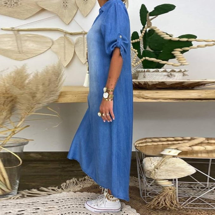Ilse | Sommer V-Ausschnitt Halb Denim Maxikleid für Damen