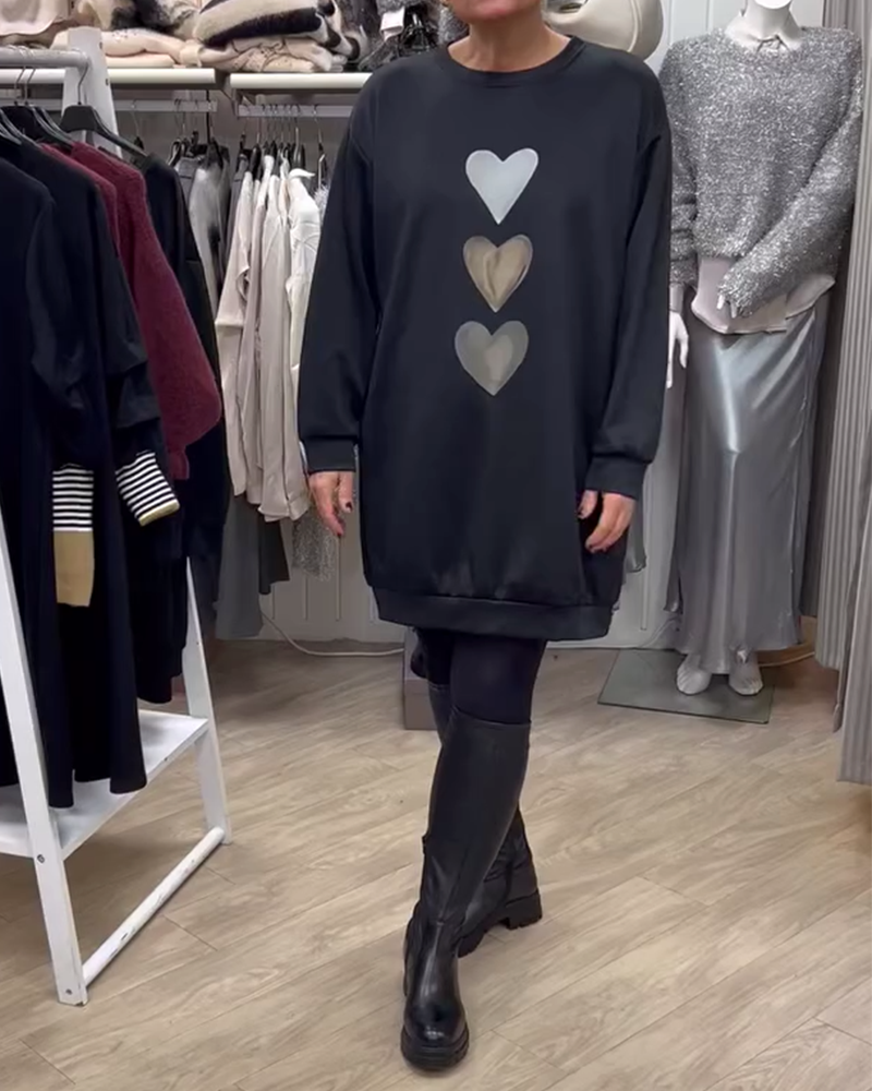 Francine | Damen Langarm Herzmuster Sweatshirt mit Rundhalsausschnitt