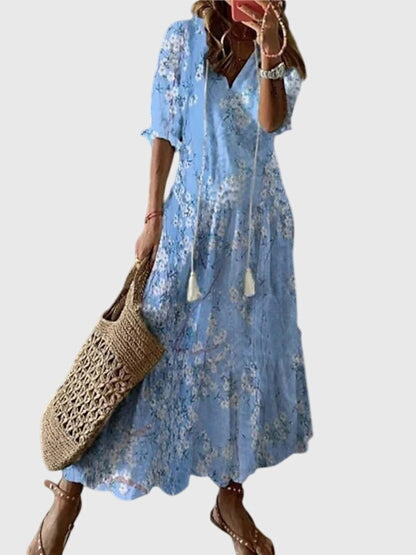 Amalia | Retro Bohemian Sommerkleid für Damen mit Blumenmuster und V-Ausschnitt