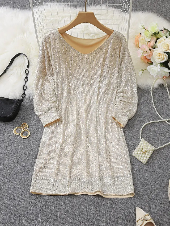 Chic Pailletten Feierkleid für Damen mit Rundhalsausschnitt und 3/4-Ärmeln