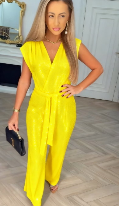 Pailletten-Einfarbiger Jumpsuit für Damen mit Bindungsdetail