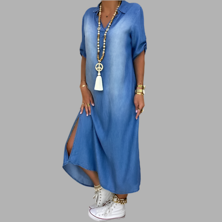 Lea | Lässiges langes Denim-Maxikleid für Damen mit V-Ausschnitt und kurzen Ärmeln