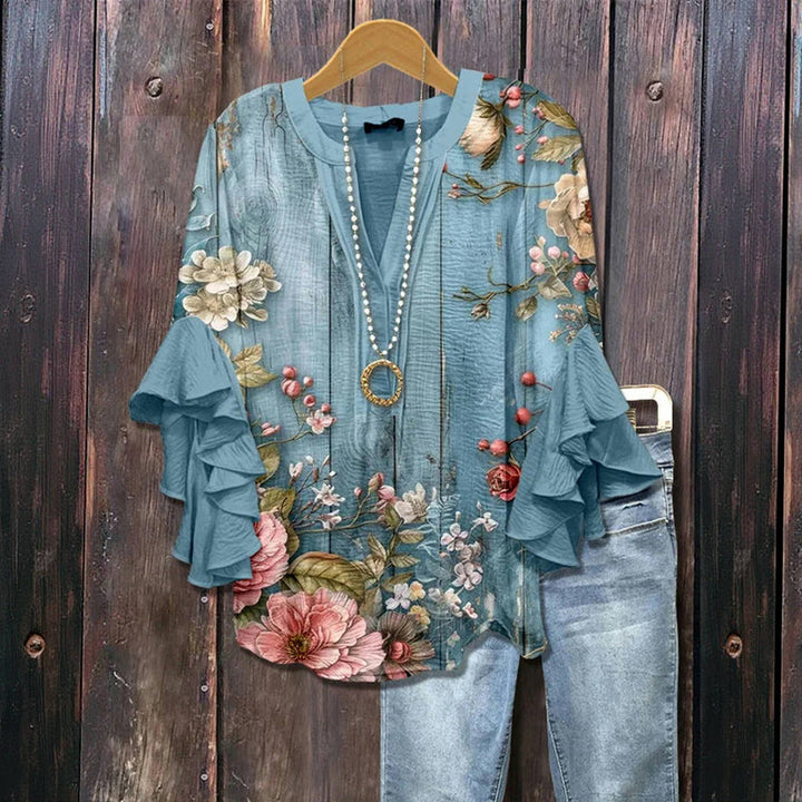 Luella | Vintage Blumen Rüschensleeve Bluse für Damen mit V-Ausschnitt