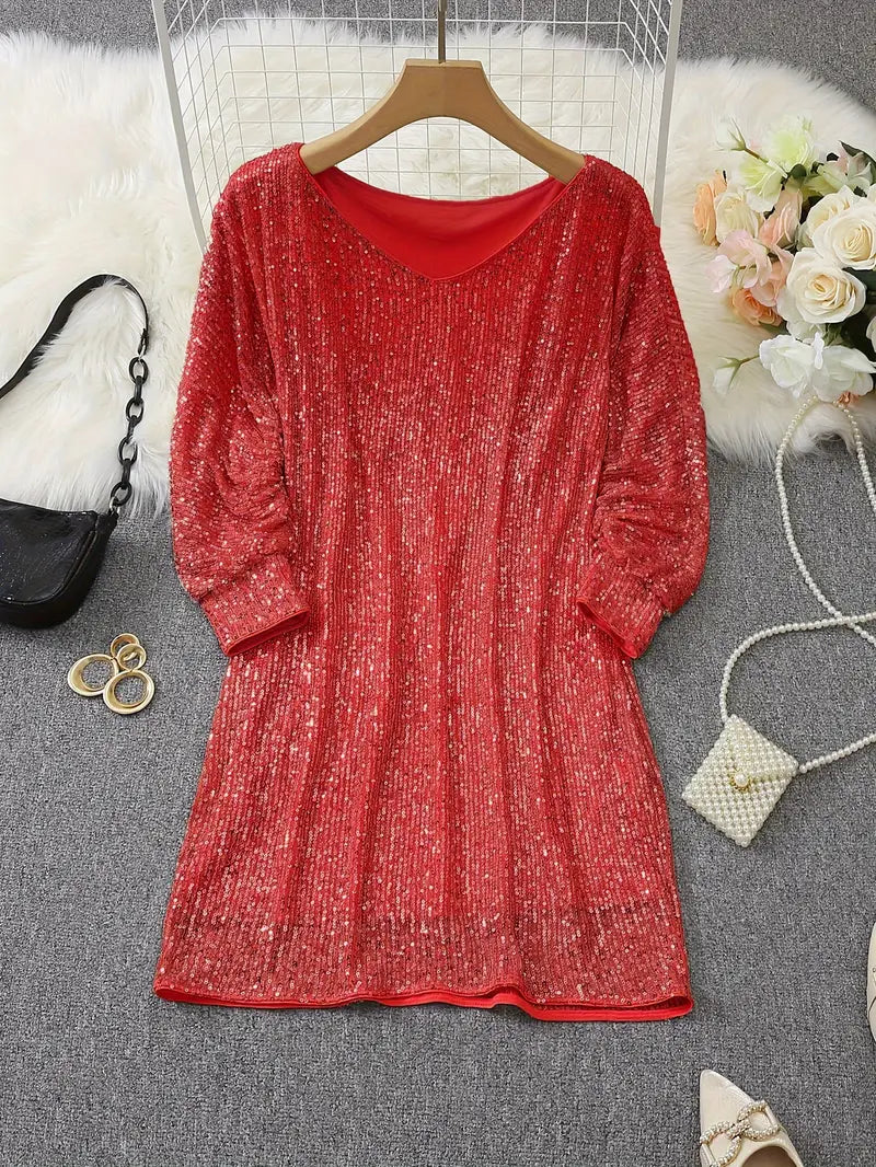 Chic Pailletten Feierkleid für Damen mit Rundhalsausschnitt und 3/4-Ärmeln