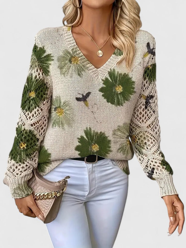 Noelle | Floral Strickpullover für Damen mit V-Ausschnitt und langen Ärmeln