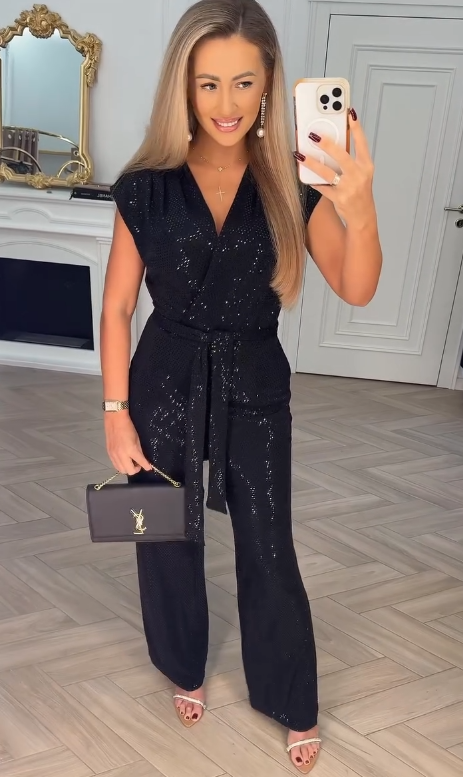 Pailletten-Einfarbiger Jumpsuit für Damen mit Bindungsdetail