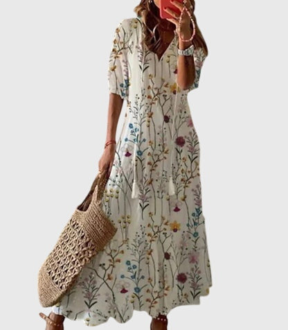 Amalia | Retro Bohemian Sommerkleid für Damen mit Blumenmuster und V-Ausschnitt