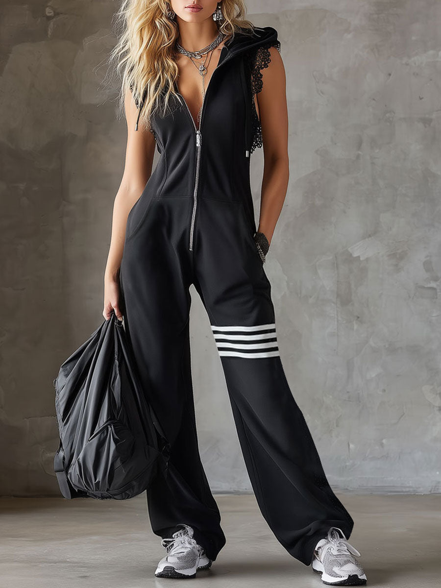 Retro-inspirierter schwarzer ärmelloser Kapuzen-Jumpsuit mit sportlichen streifen