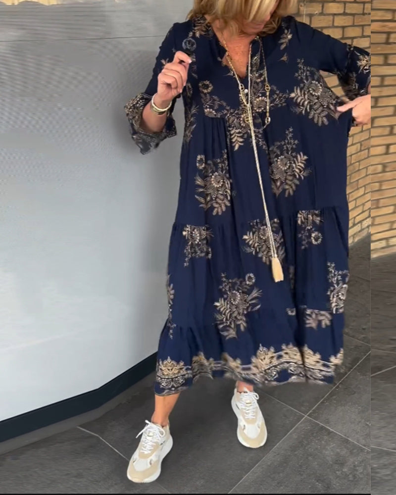 Rose | Vintage Lockerer V-Ausschnitt Midi-Kleid für Damen