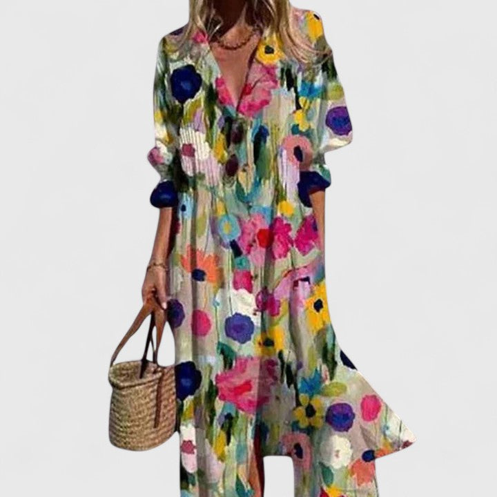 Lauren | Stylisches Boho-Maxikleid für Damen mit V-Ausschnitt und kurzen Ärmeln