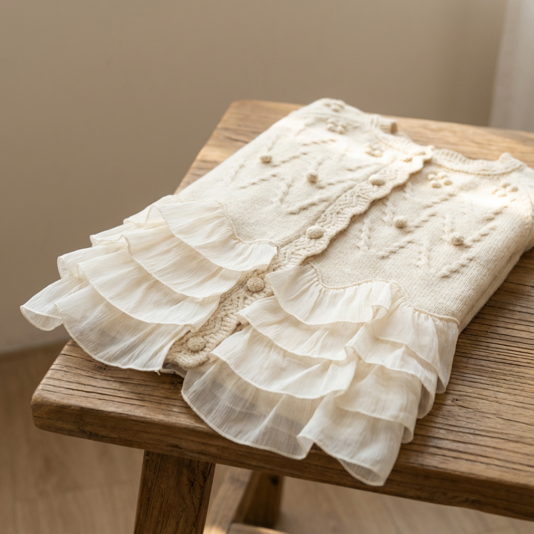 Rüschennatürliches Cardigan für Damen mit Rundhalsausschnitt und langen Ärmeln