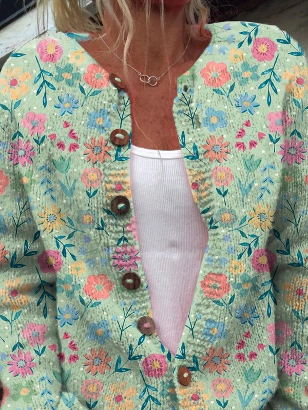 Sommerfeld Blumenmuster Druck | Knopfpullover für Damen