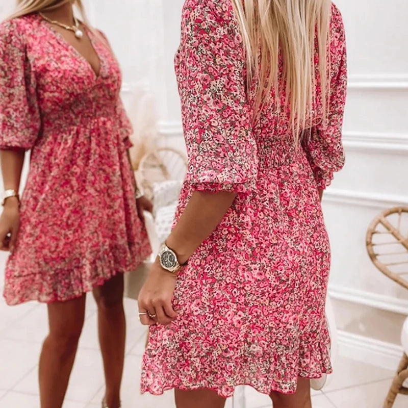 Addison | Elegantes Blumenkleid mit V-Ausschnitt und langen Ärmeln