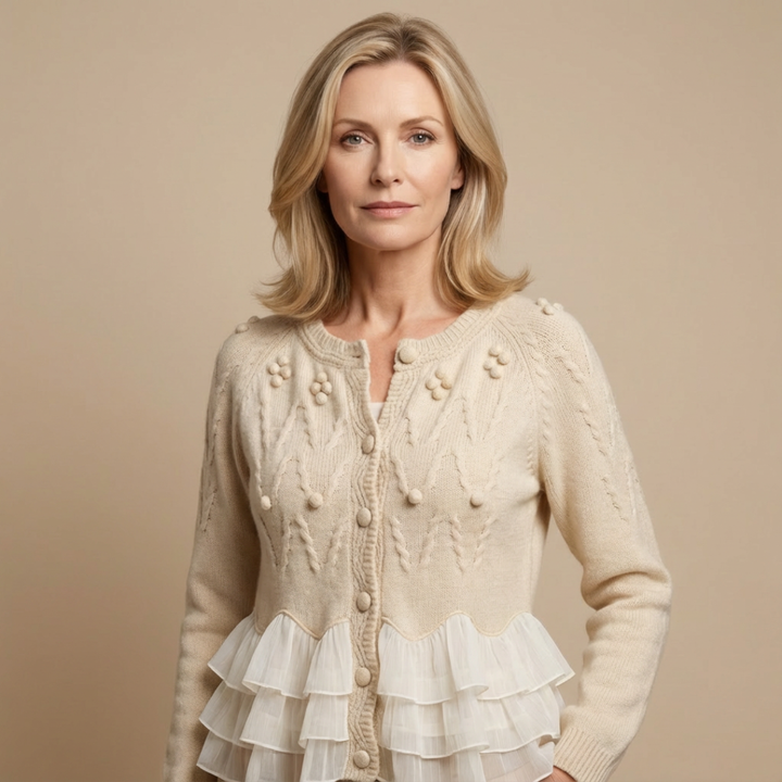 Rüschennatürliches Cardigan für Damen mit Rundhalsausschnitt und langen Ärmeln