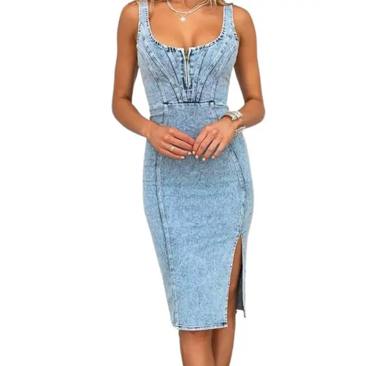 TATIANA | Elegantes Denim-Midi-Kleid für Damen mit Seitenschlitzen
