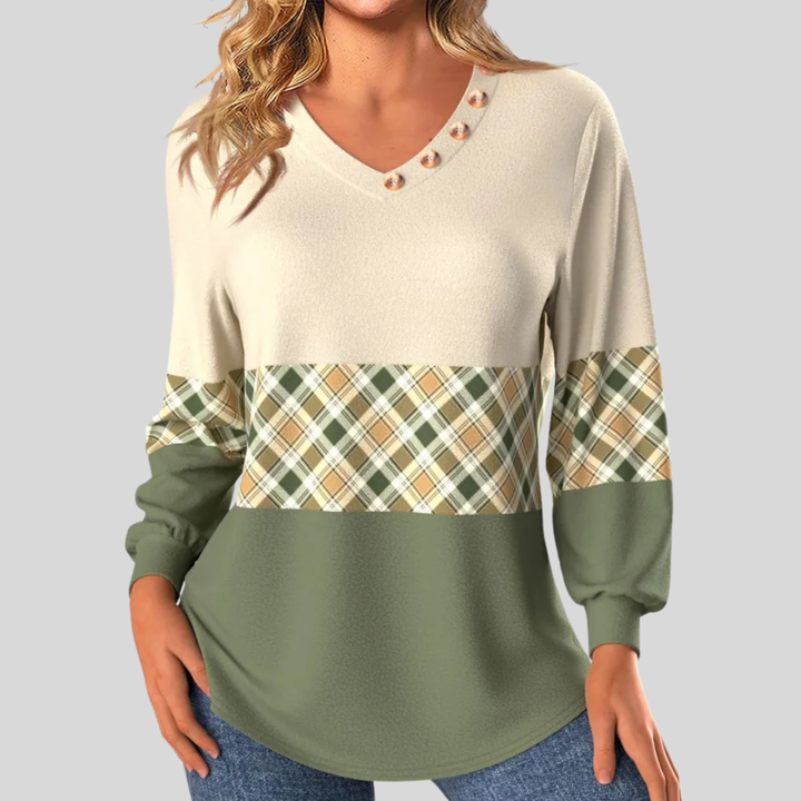 Annelie | Pullover für Damen mit Karodetail und Rundhalsausschnitt