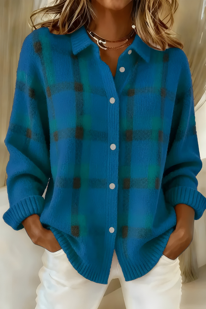 Tesa | Gemütlicher Karopullover Cardigan für Damen mit Rundhalsausschnitt