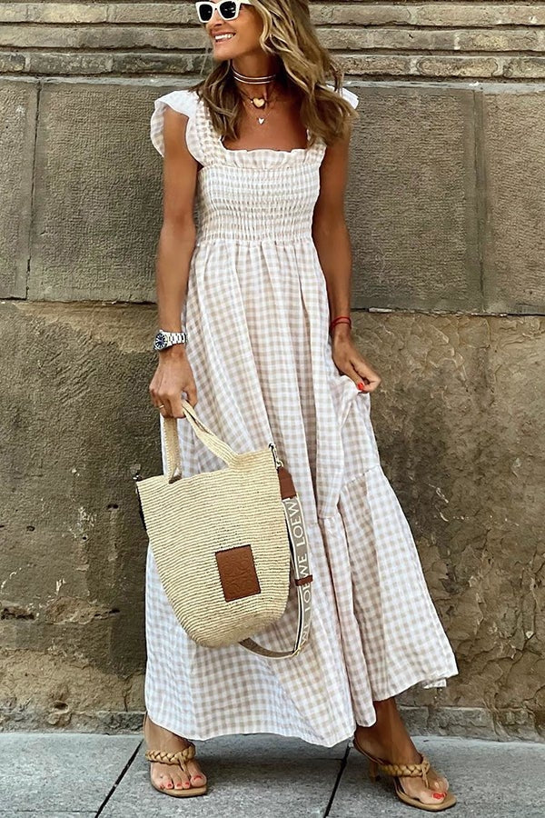 Odette | Elegantes Karomuster Sommerkleid mit langen Ärmeln