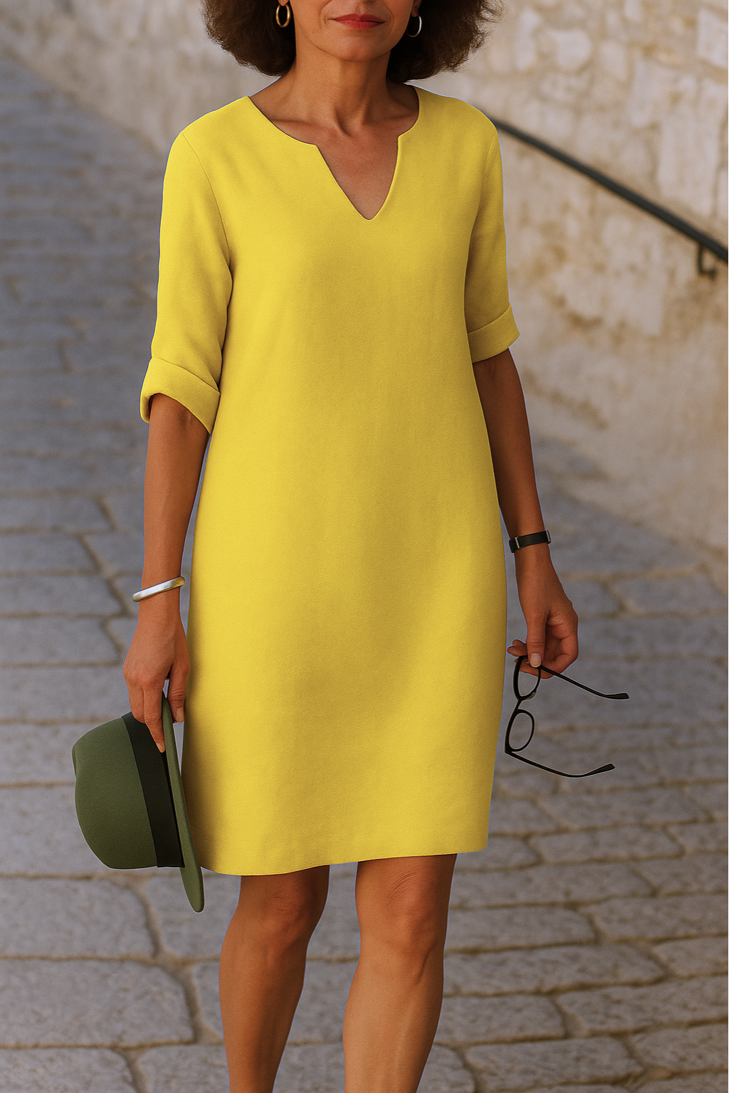 Elvy | Elegantes V-Ausschnitt Midikleid für Damen mit 3/4-Ärmeln und langen Ärmeln