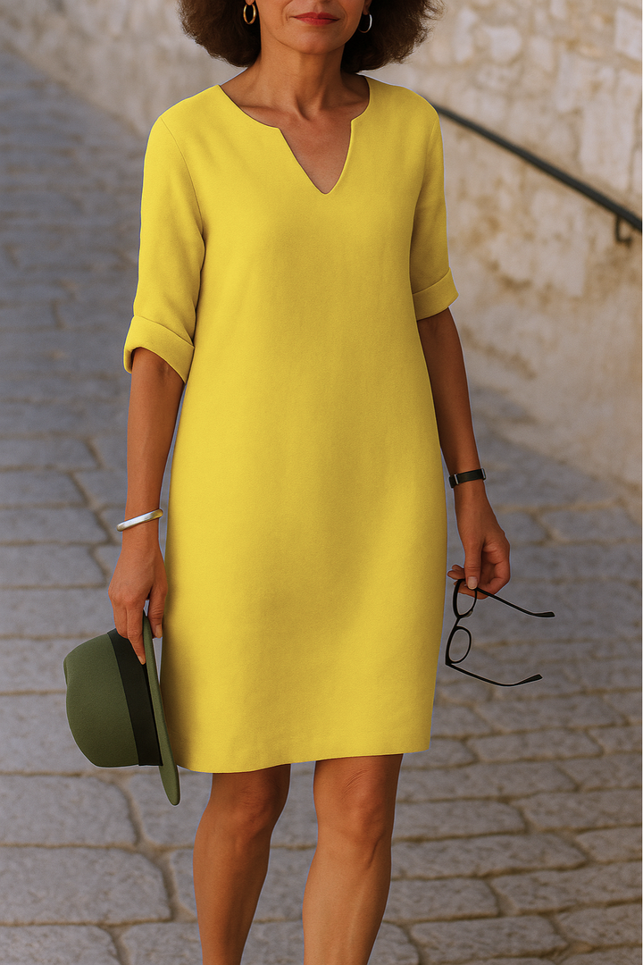 Elvy | Elegantes V-Ausschnitt Midikleid für Damen mit 3/4-Ärmeln und langen Ärmeln