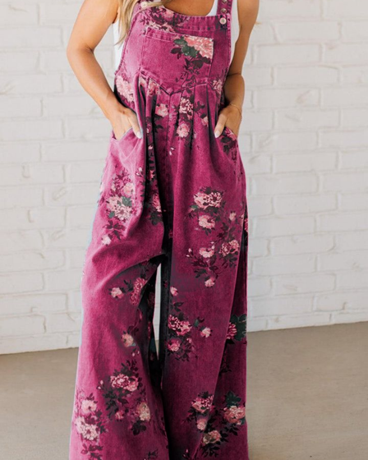 Mirona | Lässiger Denim-Overall für Damen mit Blumenmuster und Rundhalsausschnitt