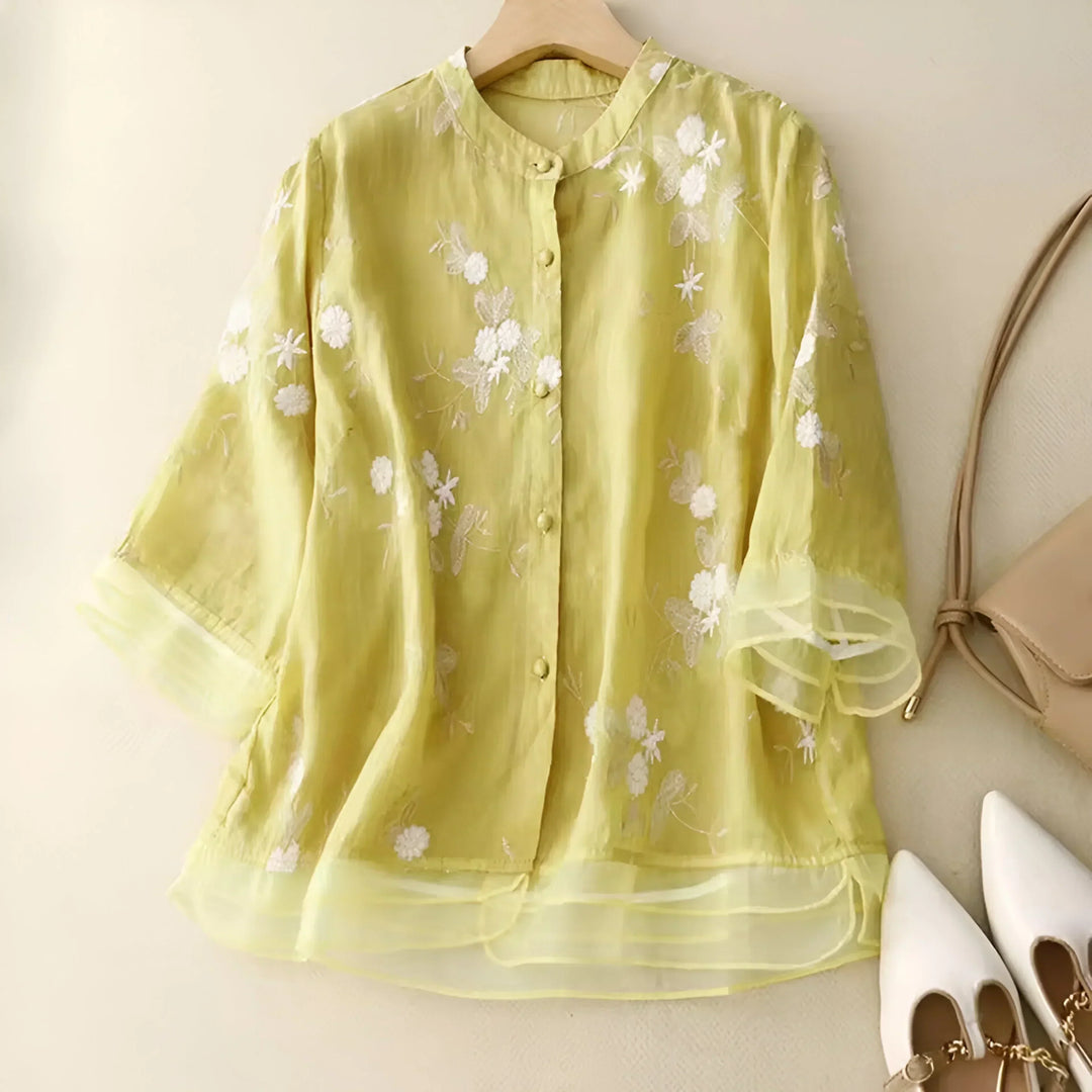 Emily | Bluse für Damen mit bestickten Blumen, Rundhalsausschnitt und langen Ärmeln