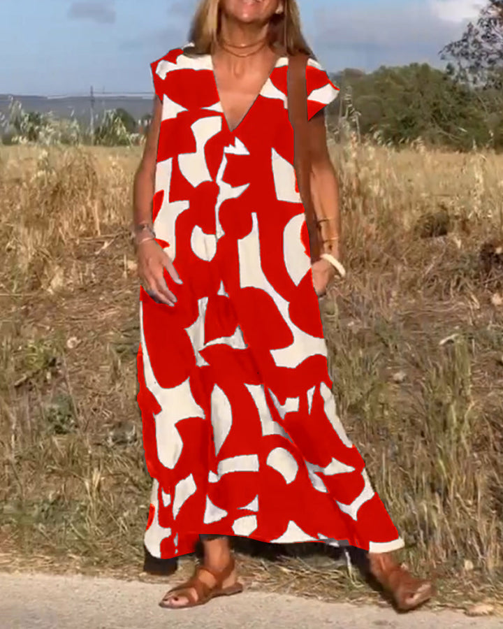 Kendall | Lässiges Abstract Midikleid für Damen mit V-Ausschnitt und kurzen Ärmeln