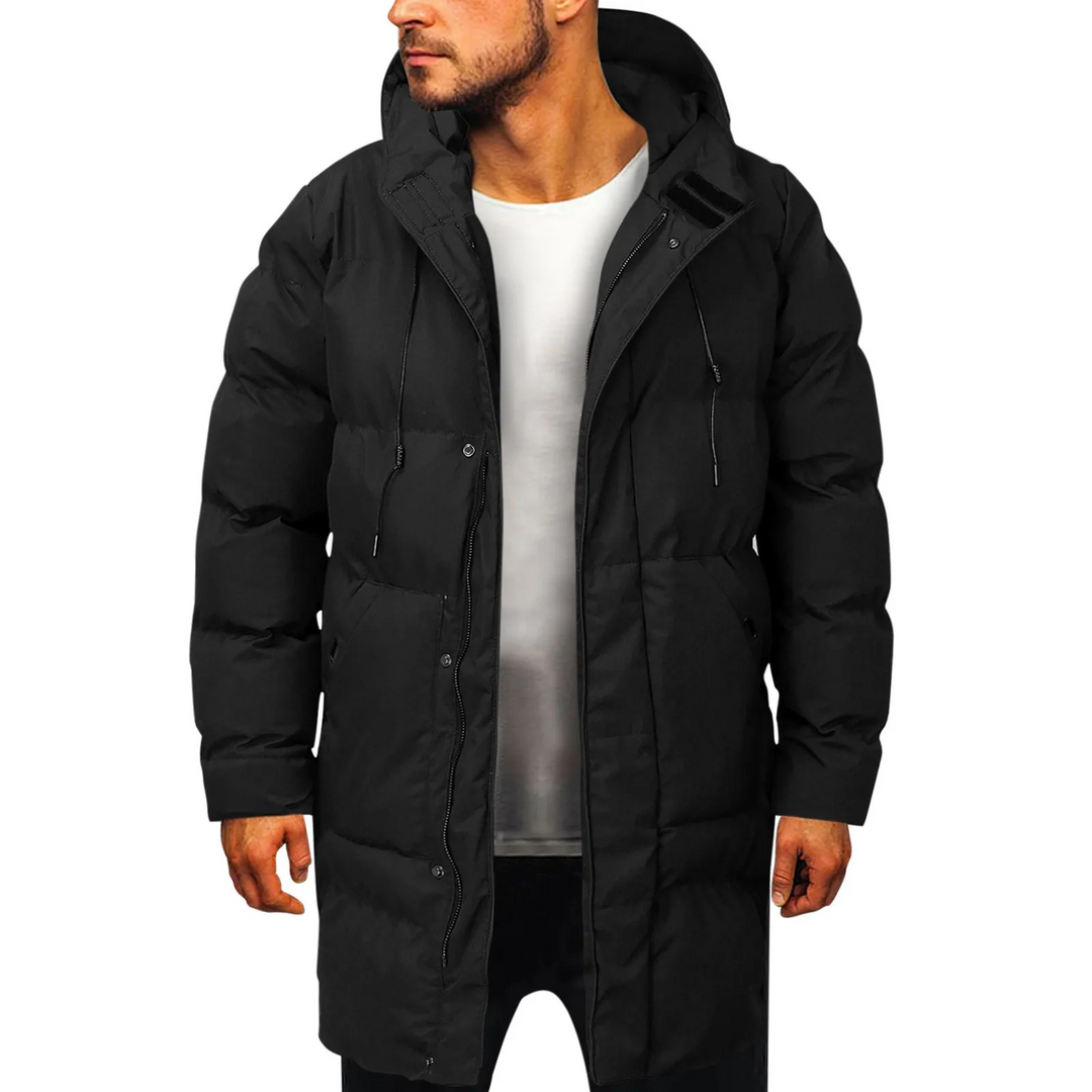 Tommaso | Langer Wintermantel Herren mit Kapuze, Gefütterter Steppmantel
