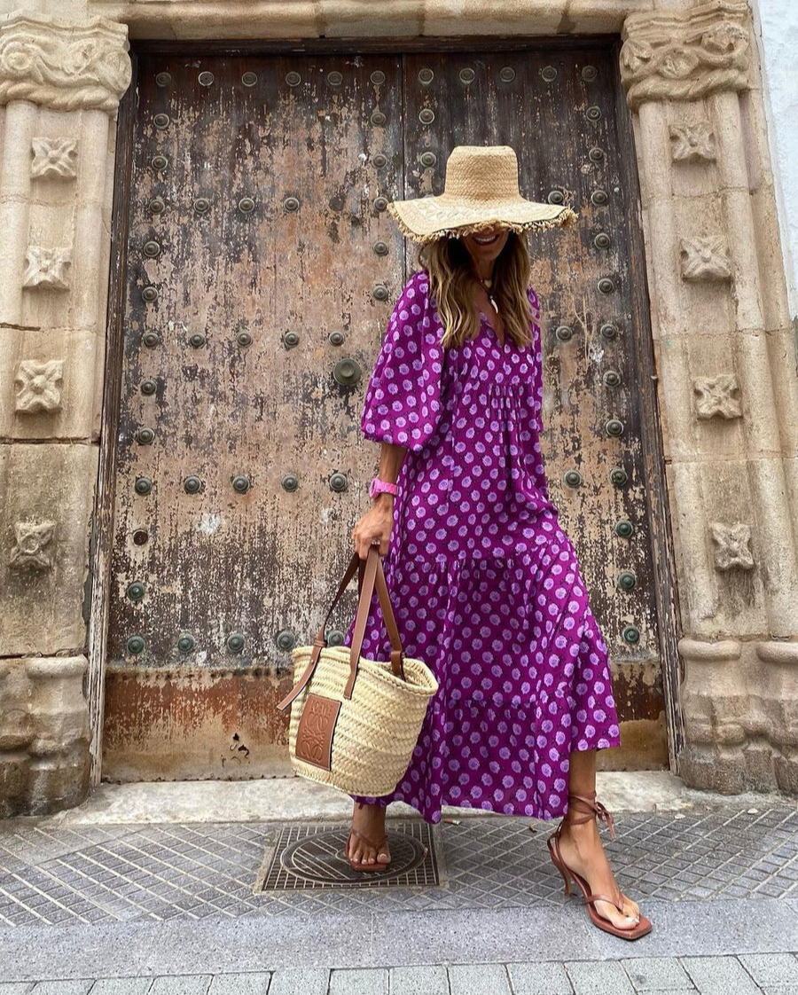 Elin | Boho Maxi Kleid für Damen mit V-Ausschnitt und kurzen Ärmeln
