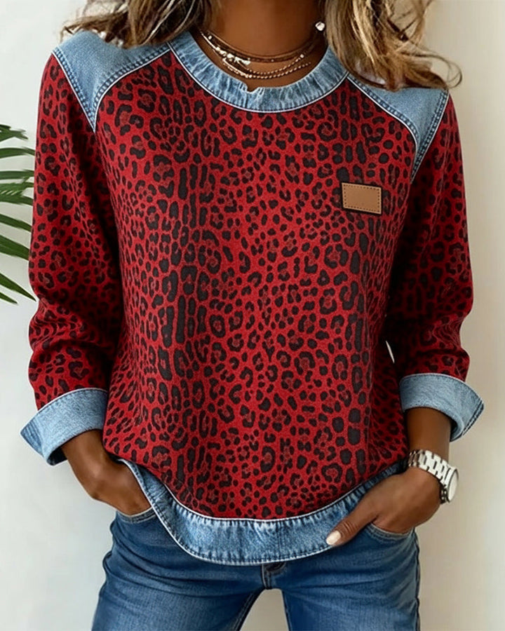 Leopardenmuster Denim Patchwork Pullover für Damen mit Rundhalsausschnitt