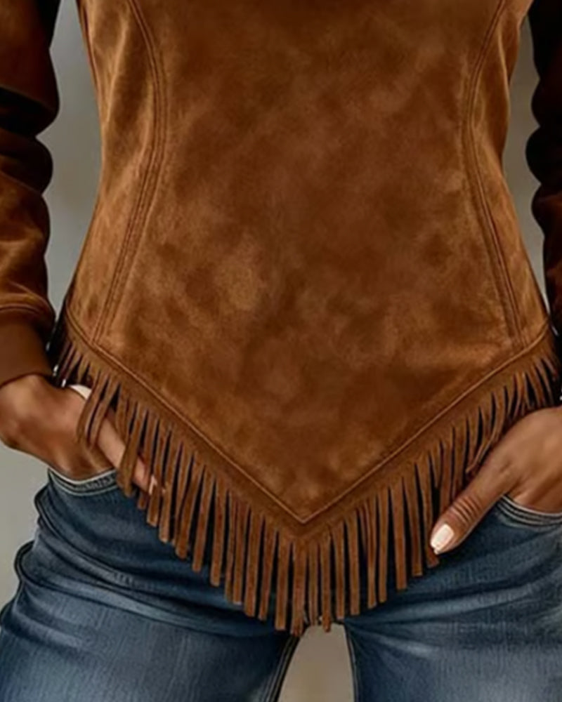 Halb-Zip Kragen Sweatshirt für Damen mit asymmetrischem Design und Fransenakzenten