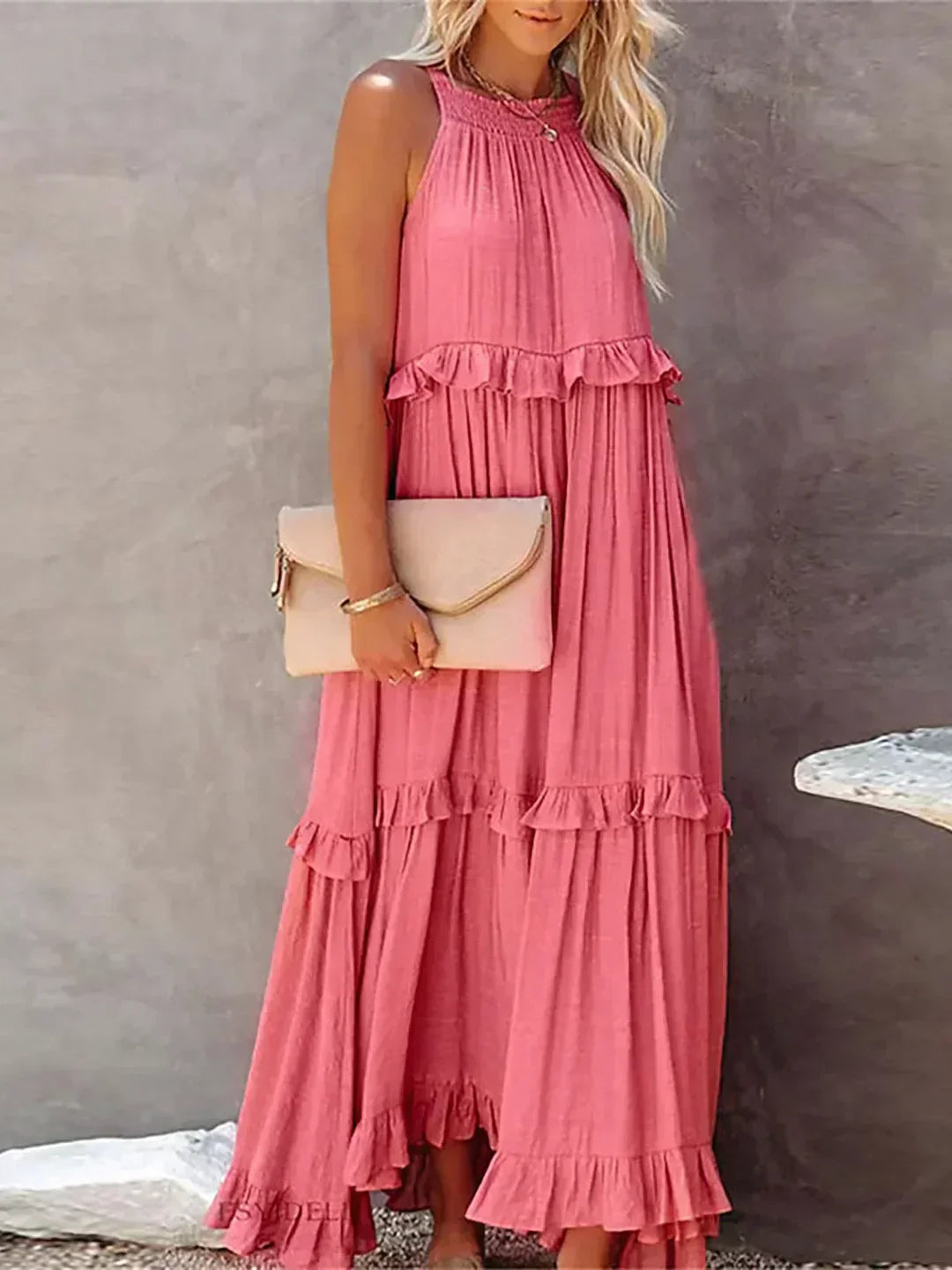 Emilia | Halter Ruffle Maxi Kleid mit langen Ärmeln