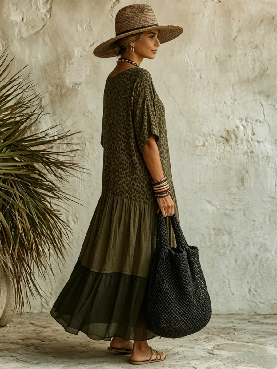 Damen Leopardenmuster V-Ausschnitt Maxikleid