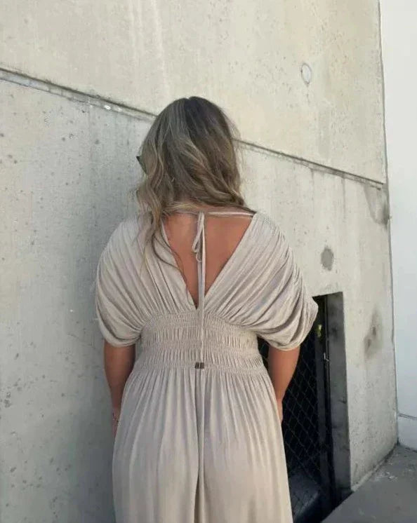 Barbara | Elegantes Maxikleid für Damen mit V-Ausschnitt und kurzen Ärmeln
