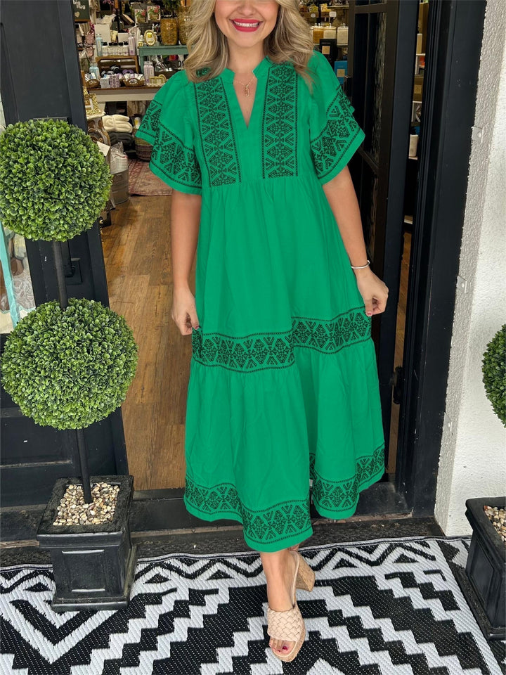 Hanna | Elegantes Boho-Midikleid für Damen mit V-Ausschnitt und kurzen Ärmeln