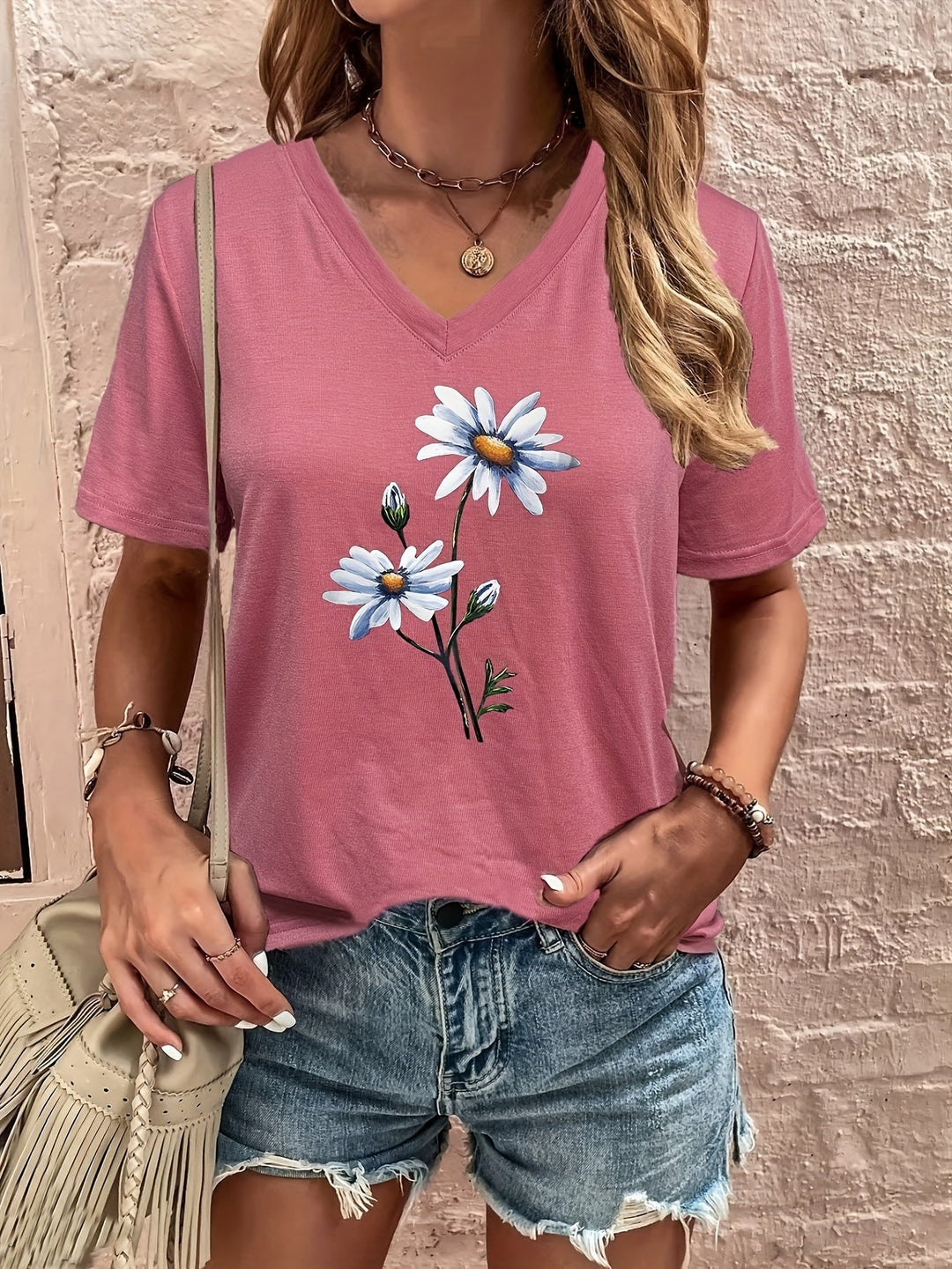 Celine | Floral V-Ausschnitt T-Shirt für Damen mit kurzen Ärmeln