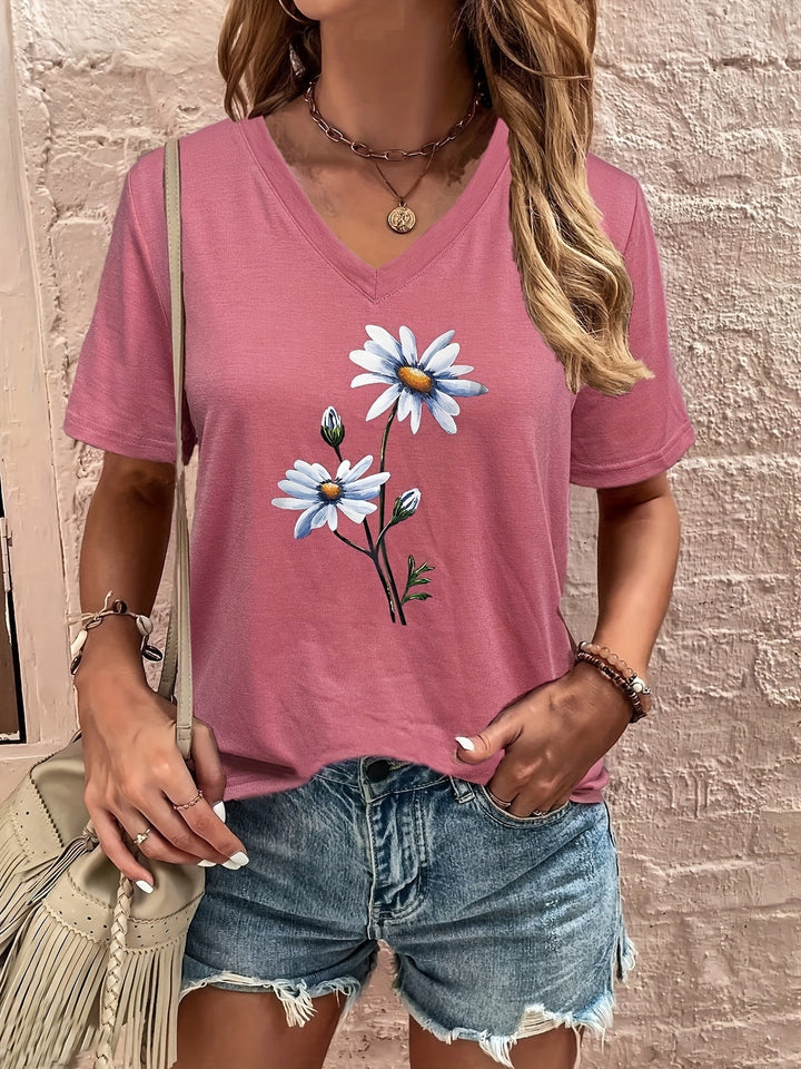 Celine | Floral V-Ausschnitt T-Shirt für Damen mit kurzen Ärmeln