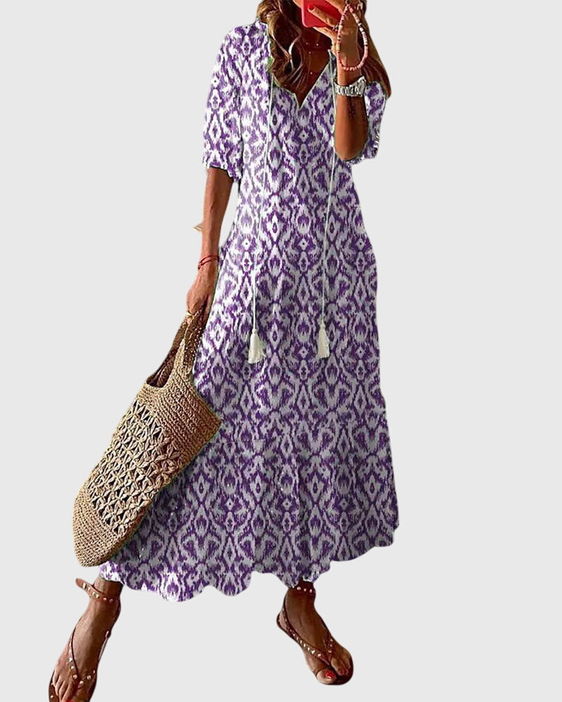 Amalia | Retro Bohemian Sommerkleid für Damen mit Blumenmuster und V-Ausschnitt