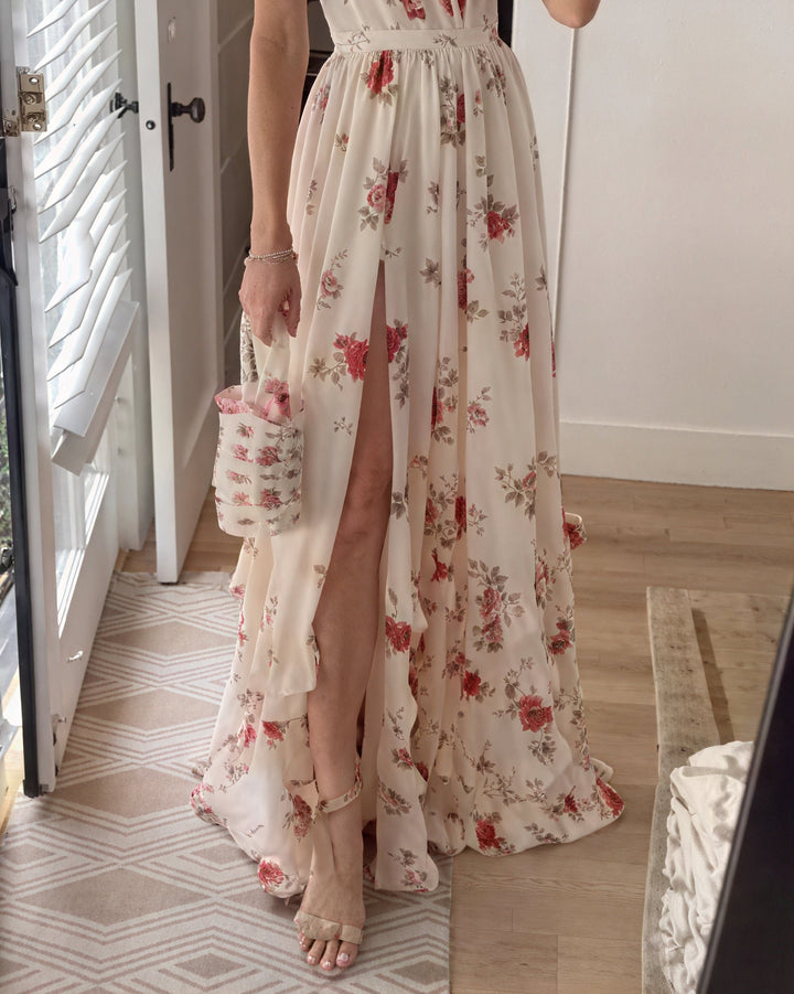Damen-Maxikleid mit Seitenschlitz und Blumenmuster