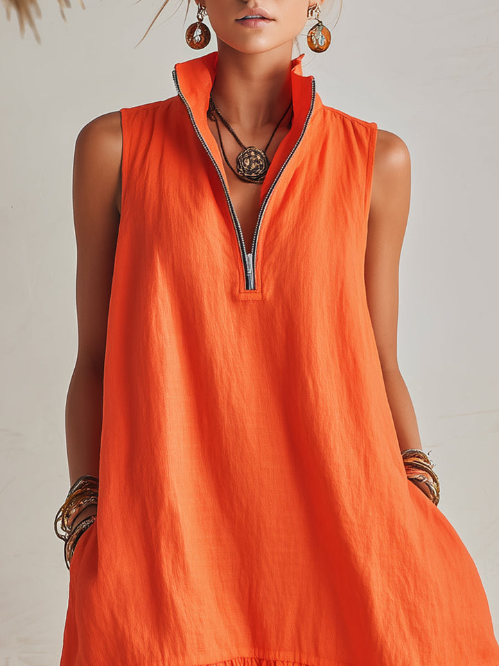 Helles Orange Halb-Reißverschluss Mini-Kleid für Damen mit Rüschensaum und Stehkragen