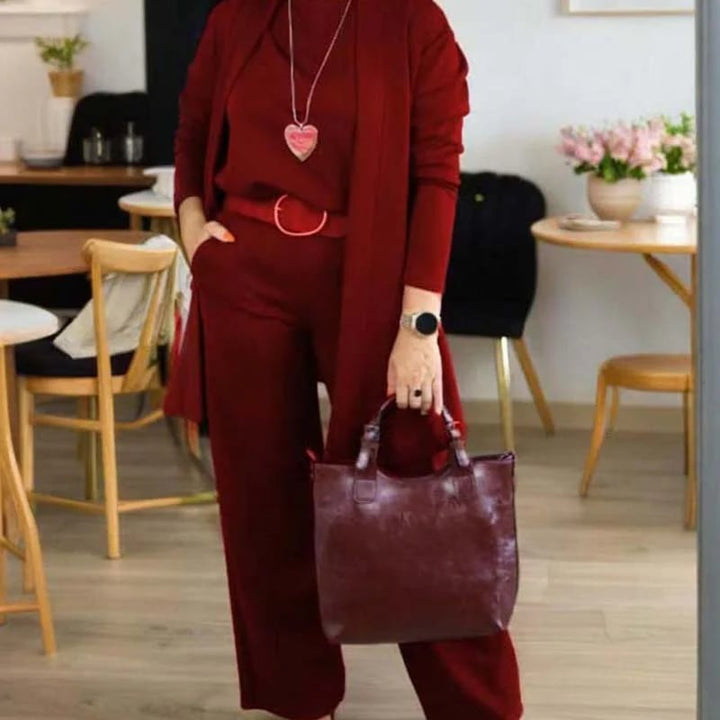 Schickes 3-teiliges Ensemble: Langer Cardigan, Top und Hose für Damen